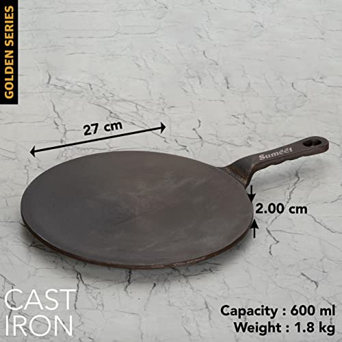 Sumeet Super Smooth Gold Series Pre Seasoned Cast Iron Concave Tawa for Roti/Chapati/Naan |27cm 1.8kg, Gas & Induction-Friendly.