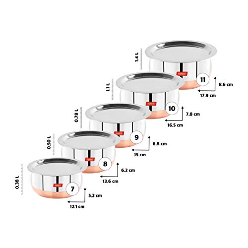 Sumeet Stainless Steel Copper Bottom Belly Shape 5 Pc Tope / Cookware/ Pot Set with Lid 380ML, 500ML, 780ML, 1.1Ltr, 1.4Ltr, (Silver)