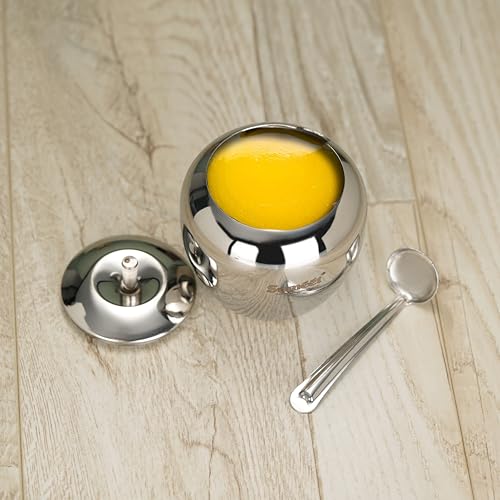 Sumeet Stainless Steel Apple Shape Ghee and Oil Pot, Storage Container with Spoon for Kitchen, 9cm Dia, 350ML - Silver (Pack of 1)