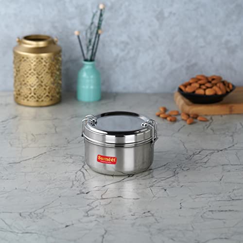 Sumeet Stainless Steel Meal Pack Lunch Box / Tiffin with Steel Separator Plate and Locking Clip, 300ML, 11.5cm Dia, Silver