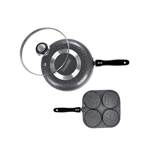 Sumeet NonStick Silfur Cookware Set (Frypan with Glass Lid - 1.5Ltr - 22Cm Dia + Mini Multi Snack Maker - 4 Cavity -19.5cm)