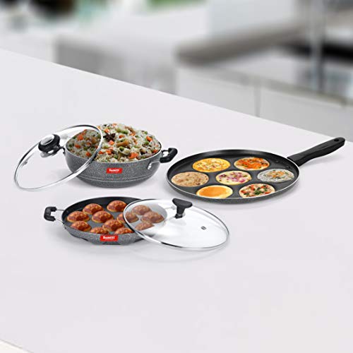 Sumeet NonStick Liath Cookware Set (Multi Snack Maker - 7 Cavity - 26.5Cm Dia + Kadhai with Glass Lid -2Ltr - 22Cm Dia + Grill Appam Patra with Glass Lid - 12 Cavity - 22cm Dia)