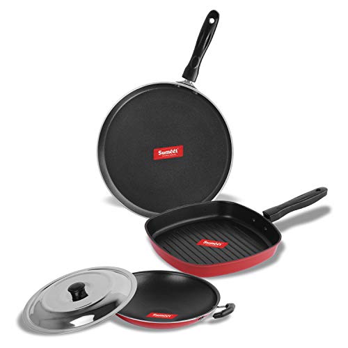 Sumeet 2.6mm Thick Non-Stick Flanna Combo Set (Dosa Tawa – 26.5cm Dia + Grill Pan with Lid – 23cm Dia + Appachatty – 22.2cm Dia)