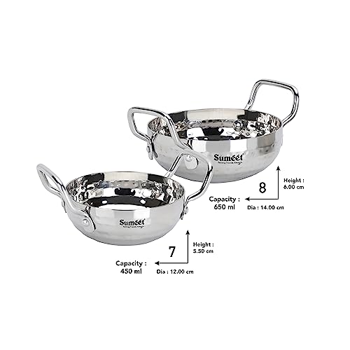 Sumeet Stainless Steel Handcrafted Hammered Mathar Kadai for Kitchen, Small Size, 450ML & 650ML, 12cm & 14cm Dia, Pack of 2, Silver