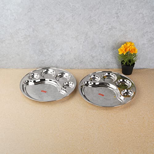 Sumeet Stainless Steel Round 5 in 1 Compartment Lunch / Dinner Plate Set of 2Pcs, 34cm Dia, Silver