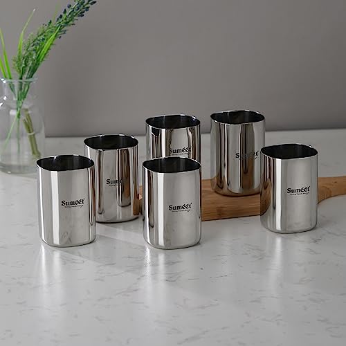 Sumeet Stainless Steel Mirror Finish Square Shape Heavy Gauge Glass Set of 6 Pcs - 6.5cm Dia - (350ml Each)