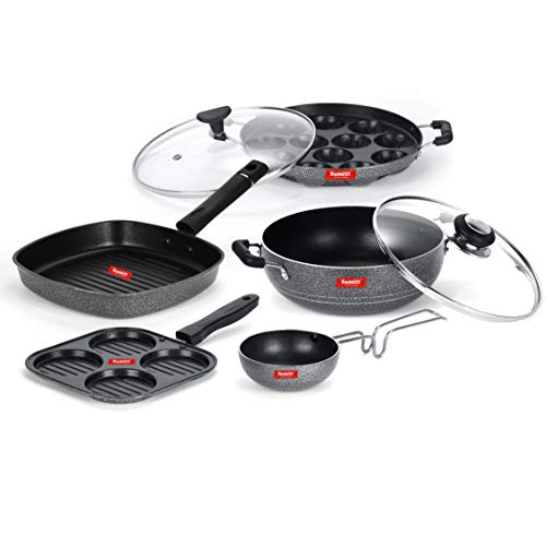 Sumeet NonStick Negro Cookware Set (Mini Multi Snack Maker-19.5cm+Grill Appam Patra with Glass Lid-22cm Dia+Kadhai with Glass Lid-22Cm Dia+Grill Pan-22cm Dia+Waghariya/Tadka pan-10Cm Dia)