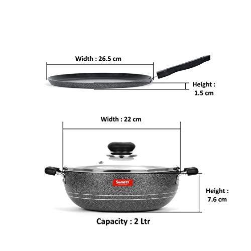 Sumeet NonStick Zilarra Cookware Set (Dosa Tawa - 26.5Cm Dia + Kadhai with Glass Lid -2Ltr - 22Cm Dia)