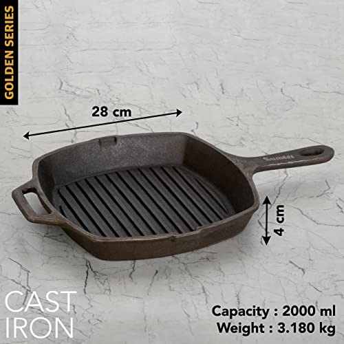 Sumeet Super Smooth Gold Series Pre Seasoned Cast Iron Grill Pan for Grill/Fry/Saute/Roast |28cm 3.180kg, Gas & Induction-Friendly.