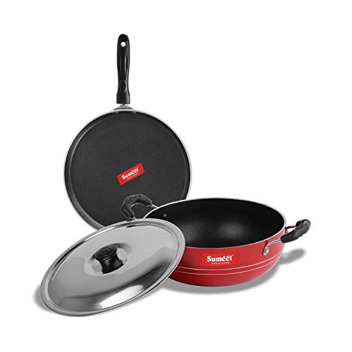 Sumeet 2.6mm Thick Non-Stick Ruby Cookware Set (Dosa Tawa – 26.5cm Dia + Kadhai with Lid – 1.5Ltr Capacity- 20cm Dia)