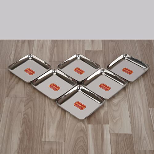 Sumeet Stainless Steel Small Square Shape Plate/Dessert Plate/Halwa Plate Set of 6pcs, 7.2cm Dia, Silver
