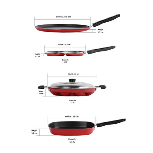 Sumeet 2.6mm Thick Non-Stick Esperanto Cookware Set (Dosa Tawa – 26.5cm Dia + Mini Multi Snack Maker – 19.5cm Dia + Grill Appam Patra with Lid – 23cm Dia + Grill Pan – 1.1Ltr Capacity – 22cm Dia)