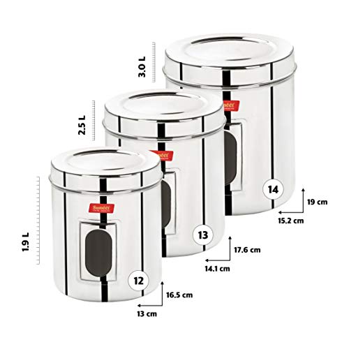 Sumeet Stainless Steel See Through Vertical Canisters/Ubha Dabba/Storage Containers Set of 3Pcs (1.9Ltr, 2.5Ltr, 3Ltr)
