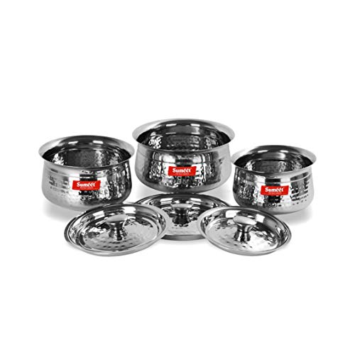 Sumeet Stainless Steel Handcrafted Hammered Texture 3 pc Induction & Gas Stove Friendly Cook and Serve Handi Set Set with Lids (Capacity -1 LTR, 1.2 LTR,1.7 LTR)