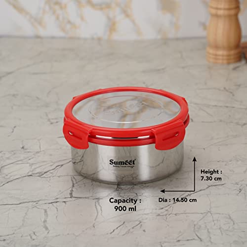 Sumeet Airtight & Leak Proof Steelexo S.S. Container/Lunch Box with Stainless Steel Lid Set Pack of 1Pc (900ML, 14.5CM) - Silver