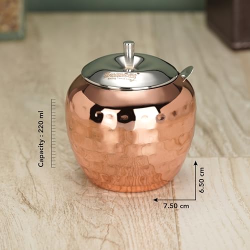 Sumeet Stainless Steel Copper Coated Handcrafted Hammered Ghee and Oil Pot, Storage Container with Spoon for Kitchen and Pooja, 7.5cm Dia, 220ML - Silver (Pack of 1)