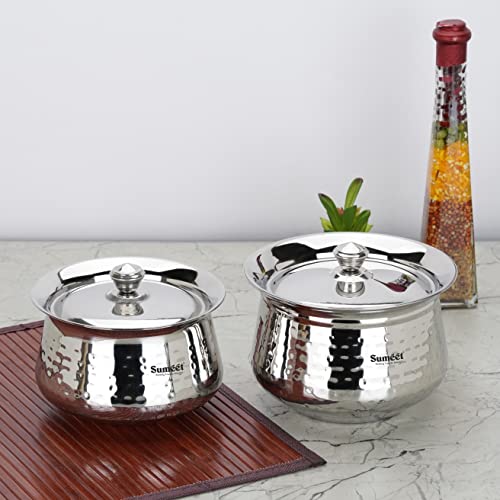 Sumeet Stainless Steel Handcrafted Hammered Texture Handi Set with Lid for Kitchen, Set of 2, 950ml & 1300ml, Silver