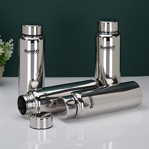 Sumeet Stainless Steel Jointless Akhand Leak-Proof Water Bottle / Fridge Bottle - 800ML Pack of 4, Silver