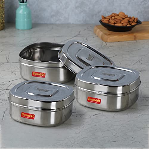Sumeet Stainless Steel Square Storage containers Box/Dabba for Kitchen, Set of 3Pcs, 1000ml, 14cm Dia, Silver