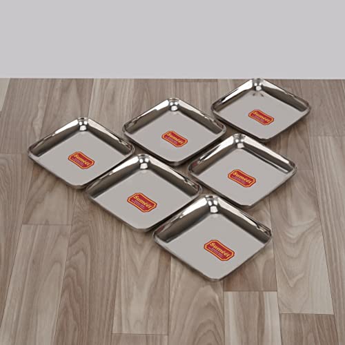 Sumeet Stainless Steel Small Square Shape Plate/Dessert Plate/Halwa Plate Set of 6pcs, 7.2cm Dia, Silver