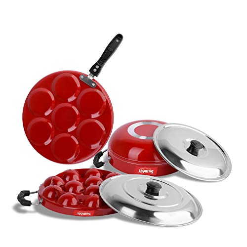 Sumeet 2.6mm Thick Non-Stick Red Joy Combo Set (Multi Snack Maker – 26.5cm Dia + Kadhai with Lid – 1.5Ltr Capacity- 20cm Dia + Grill Appam Patra with Lid – 23cm Dia)