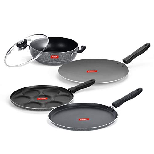 Sumeet NonStick Svartur Cookware Set (Dosa Tawa - 26.5Cm Dia + Multi Snack Maker - 7 Cavity - 26.5Cm Dia + Kadhai with Glass Lid -2Ltr - 22Cm Dia + Conceve/Roti Tawa - 28Cm Dia)