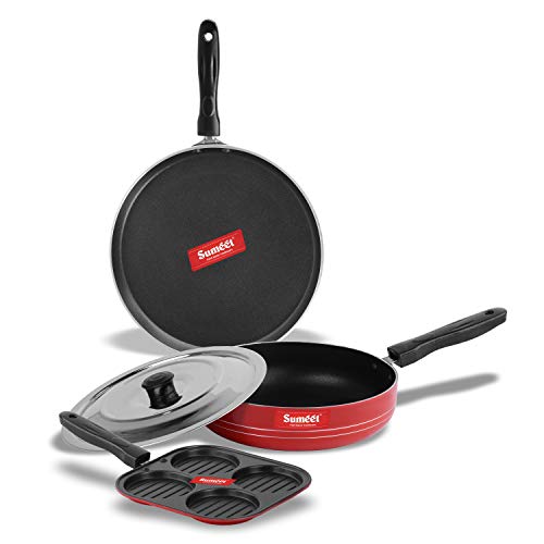 Sumeet 2.6mm Thick Non-Stick Redina Combo Set (Dosa Tawa – 26.5cm Dia + Mini Multi Snack Maker – 19.5cm Dia + Fry pan – 1.5Ltr Capacity – 21cm Dia)