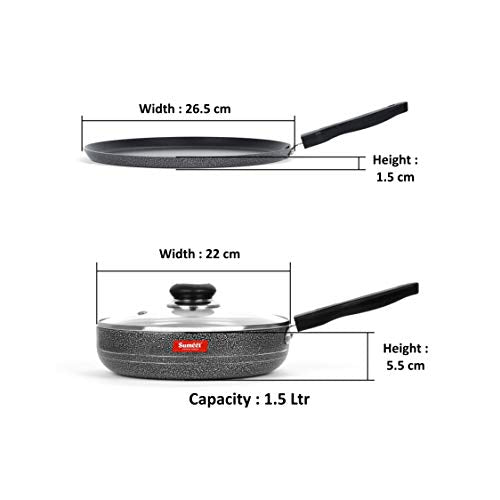 Sumeet NonStick Argjend Cookware Set (Dosa Tawa - 26.5Cm Dia + Frypan with Glass Lid - 1.5Ltr - 22Cm Dia) Silver