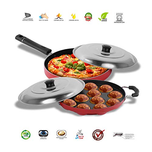 Sumeet 2.6mm Thick Non-Stick Red Indian Cookware Set (Grill Appam Patra with Lid – 23cm Dia + Pizza Pan – 23cm Dia)