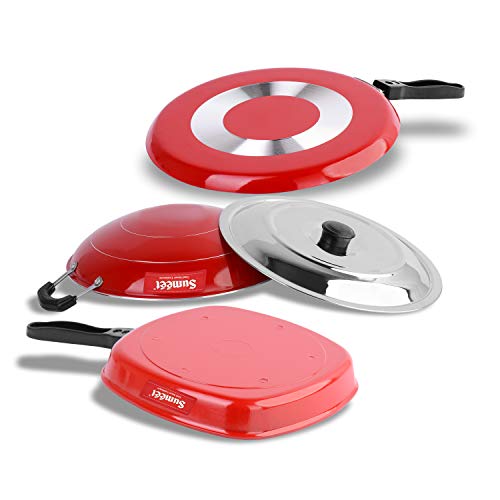 Sumeet 2.6mm Thick Non-Stick Flanna Combo Set (Dosa Tawa – 26.5cm Dia + Grill Pan with Lid – 23cm Dia + Appachatty – 22.2cm Dia)