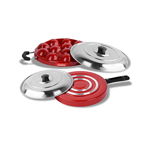 Sumeet 2.6mm Thick Non-Stick Red Indian Cookware Set (Grill Appam Patra with Lid – 23cm Dia + Pizza Pan – 23cm Dia)