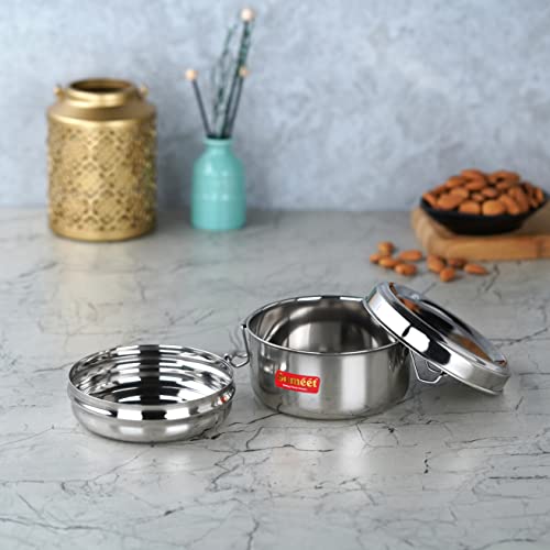 Sumeet Stainless Steel Meal Pack Lunch Box / Tiffin with Steel Separator Plate and Locking Clip, 300ML, 11.5cm Dia, Silver
