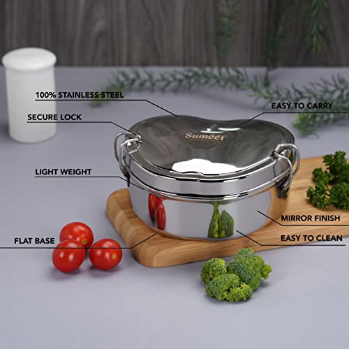Sumeet Stainless Steel Apple Lunch Box/Tiffin with Steel Separator Plate and Locking Clip Set of 2 Pcs, 650ML Each, Ideal for 2 Persons - Silver