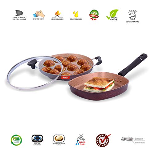 Sumeet Greaser Aluminium Grill Appam Patra With Lid, Grill Pan, 1.1 L Grill Pan, 12 Piece (Peach)