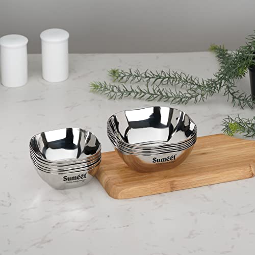 Sumeet Heavy Gauge Stainless Steel Apple Square Bowl/Wati/Katori with Mirror Finish, Combo Set of 12pc, 10.6cm & 11cm Dia, 250ML & 350ML (Each 6Pc) - Silver