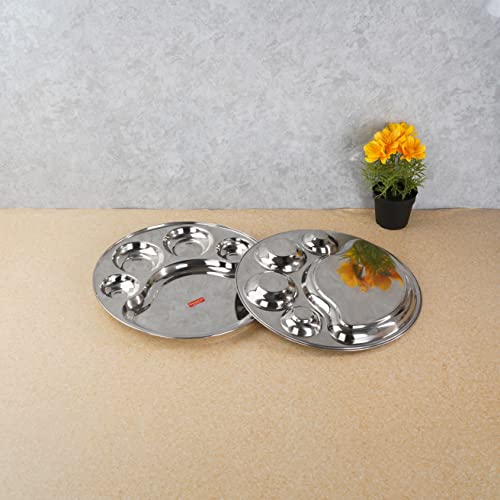 Sumeet Stainless Steel Round 5 in 1 Compartment Lunch / Dinner Plate Set of 2Pcs, 31cm Dia, Silver