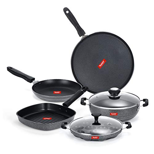 Sumeet NonStick Preto Cookware Set (Dosa Tawa-26.5Cm Dia+Kadhai with Glass Lid-2Ltr-22Cm Dia+Grill Appam Patra with Glass Lid-12 Cavity-22cm Dia+Grill Pan-22cm Dia+Tapper pan-0.6Ltr-20Cm Dia)
