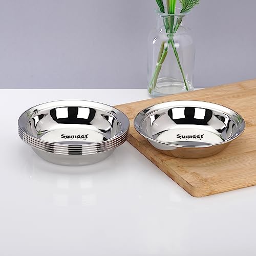 Sumeet Stainless Steel Heavy Gauge Multi Utility Serving Plates with Mirror Finish 14.5cm Dia - Set of 6pc, Silver