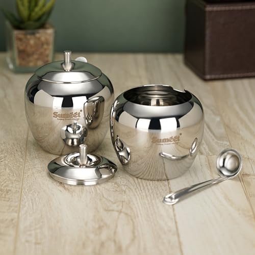 Sumeet Stainless Steel Apple Shape Ghee and Oil Pot, Storage Container with Spoon for Kitchen, 7.5cm Dia, 220ML - Silver (Pack of 2)