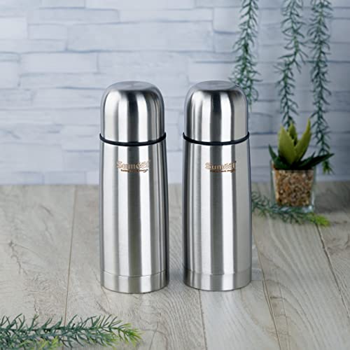Sumeet Stainless Steel Double Walled Flask / Water Bottle, with Flip Lid, 24 Hours Hot and Cold, 400 ml, Silver - Set of 2 Pcs