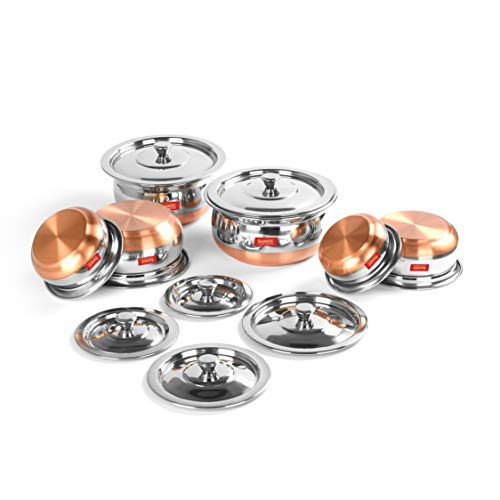 Sumeet Stainless Steel Copper Bottom 6 Pc Handi / Cookware/ Servware Pot Set with Lid 360ML, 500ML, 800ML, 1Ltr, 1.250Ltr, 1.650Ltr (Silver)