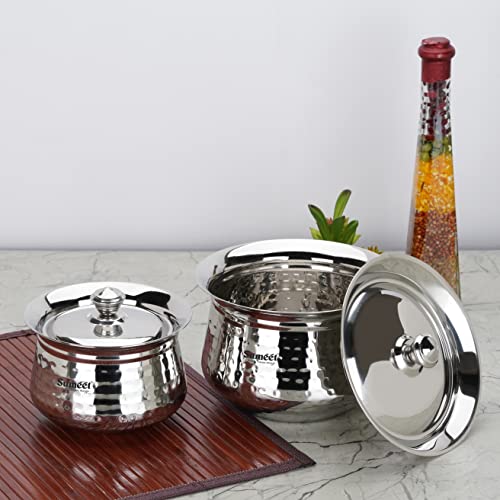 Sumeet Stainless Steel Handcrafted Hammered Texture Handi Set with Lid for Kitchen, Set of 2, 650ml & 1300ml, Silver