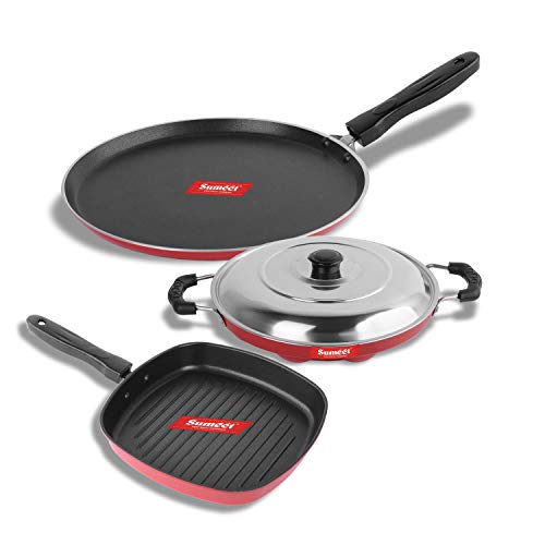Sumeet 2.6mm Thick Non-Stick Maroon Combo Set (Dosa Tawa – 26.5cm Dia + Grill Appam Patra with Lid – 23cm Dia + Grill Pan – 1.1Ltr Capacity – 22cm Dia)