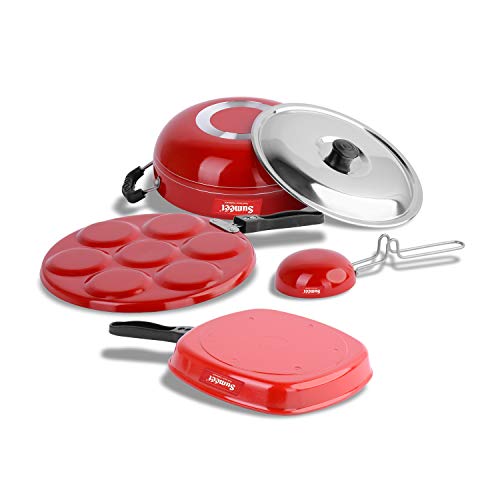 Sumeet 2.6mm Thick Non-Stick Roux Cookware Set (Multi Snack Maker – 26.5cm Dia + Kadhai with Lid – 1.5Ltr Capacity- 20cm Dia + Grill Pan – 1.1Ltr Capacity – 22cm Dia + Tadka Pan – 10cm Dia)