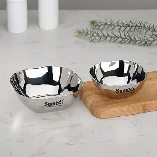 Sumeet Heavy Gauge Stainless Steel Apple Square Bowl/Wati/Katori with Mirror Finish, Combo Set of 12pc, 10.6cm & 11cm Dia, 250ML & 350ML (Each 6Pc) - Silver