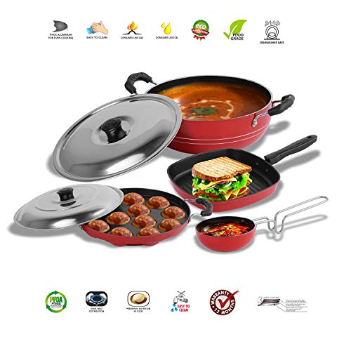 Sumeet 2.6mm Thick Non-Stick Puka Cookware Set (Kadhai with Lid – 1.5Ltr Capacity- 20cm Dia + Grill Appam Patra with Lid – 23cm Dia + Grill Pan – 1.1Ltr Capacity – 22cm Dia + Tadka Pan – 10cm Dia)