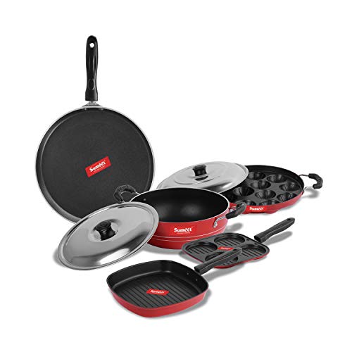 Sumeet 2.6mm Thick Non-Stick Dearg Cookware Set (Dosa Tawa – 26.5cm Dia + Mini Multi Snack Maker – 19.5cm Dia + Kadhai with Lid – 1.5Ltr + Grill Appam Patra with Lid – 23cm Dia + Grill Pan – 1.1Ltr)