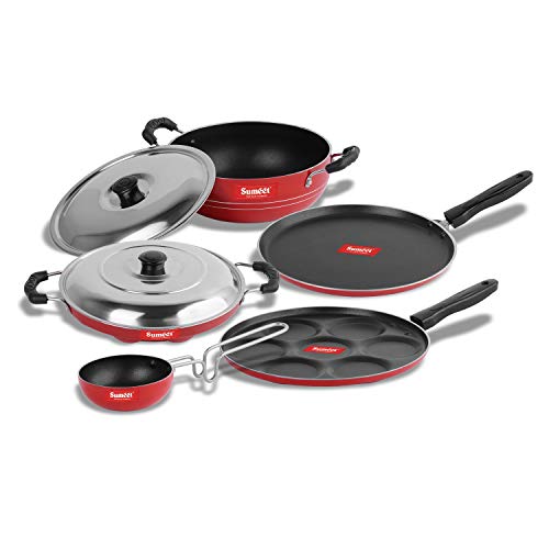 Sumeet 2.6mm Thick Non-Stick Liab Cookware Set (Dosa Tawa – 26.5cm Dia + Multi Snack Maker – 26.5cm Dia + Kadhai with Lid – 1.5Ltr + Grill Appam Patra with Lid – 23cm Dia + Tadka Pan – 10cm Dia)