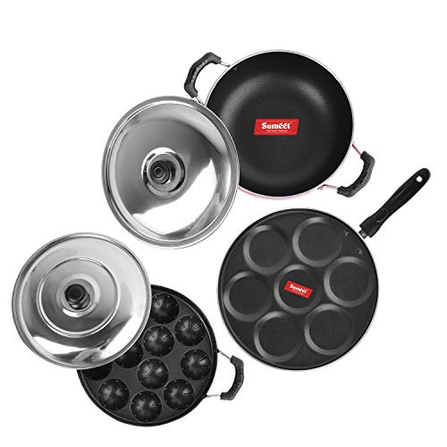 Sumeet 2.6mm Thick Non-Stick Red Joy Combo Set (Multi Snack Maker – 26.5cm Dia + Kadhai with Lid – 1.5Ltr Capacity- 20cm Dia + Grill Appam Patra with Lid – 23cm Dia)