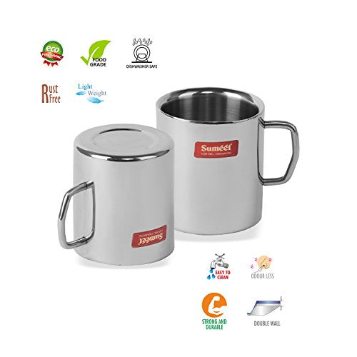 Sumeet Stainless Steel Double Wall Tea and Coffee Big Mug Set of 2Pcs (300 Ml Each)